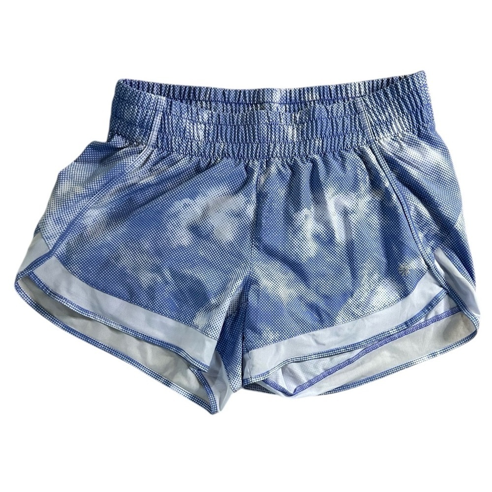 Athleta Mesh Racer Run Shorts 4” Blue Cloud Zip Pocket Womens Size XS Active